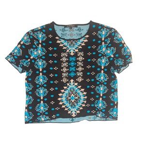Nanette Lepore Knit Top Womens S Black Blue Medallion Boho Cropped Short Sleeve